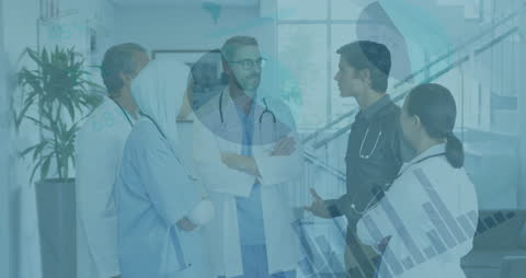 Diverse Medical Team Discussion with Financial Graphs Overlay