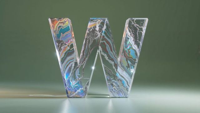 3d glass-like letter w with swirling color patterns