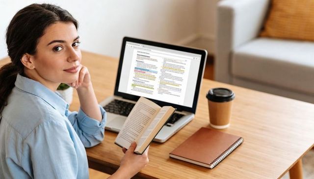 Young woman reading paperback and checking laptop while studying at cozy home workspace
