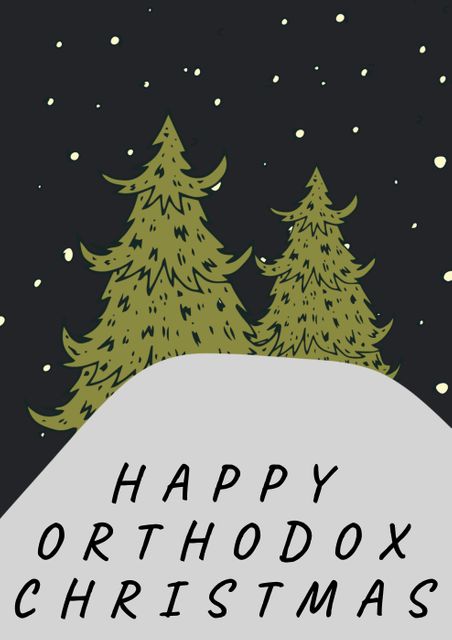 Perfect for sending festive holiday wishes for Orthodox Christmas. This card features a winter scene with snow-covered pine trees under a starry night sky, creating a warm and seasonal message. Ideal for sharing winter greetings, adding to holiday decor, or as part of a digital or printed card collection.