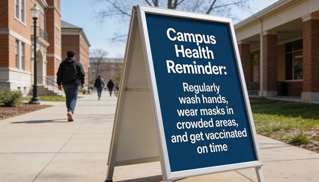 Campus health reminder sign encouraging handwashing, mask wearing and on-time vaccination