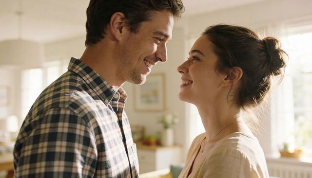 Sunlit young couple sharing intimate moment in cozy home kitchen, smiling affection