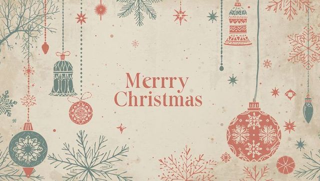 Vintage christmas card with ornaments and snowflakes