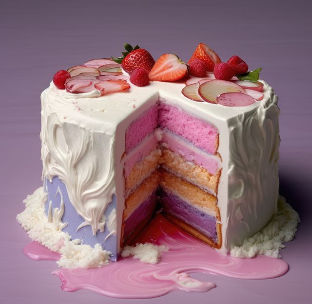 Sliced ice cream cake with icing and strawberries on top, created using generative ai technology. Cake, celebration, treat, sweet food and deserts concept digitally generated image.