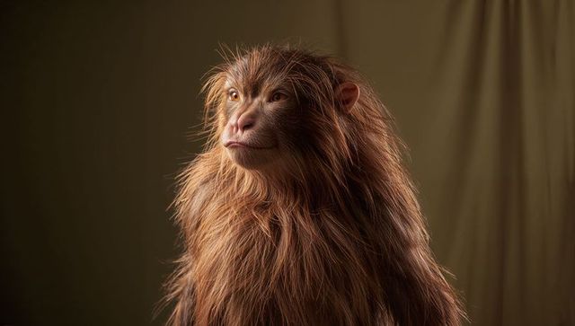 Contemplative primate with long red-brown fur in studio portrait