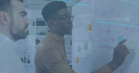 Collaborative Business Strategy Meeting with Data Analysis Overlay