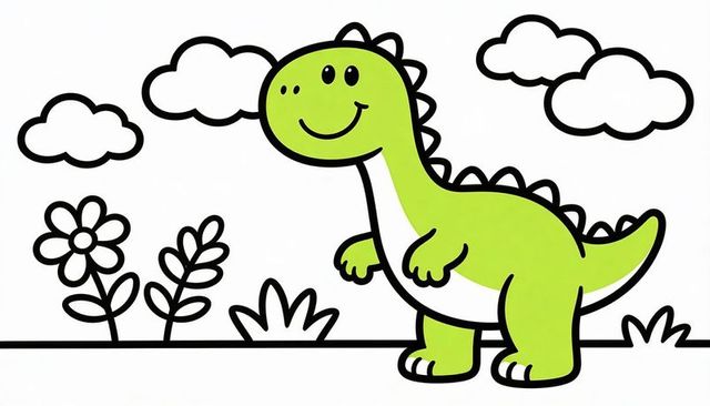 Cute lime green dinosaur cartoon standing in garden with flowers and clouds