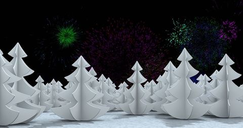 Vibrant Fireworks Over White Trees Celebrating New Year