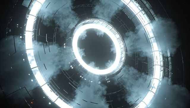 Luminous Cyber Reactor Ring Powering Up, Pulsing Light, Fog and Industrial Sparks