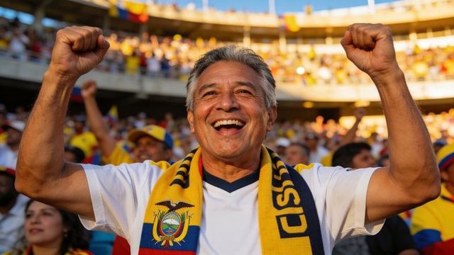 Ecuador fan celebrating victory wearing national scarf, cheering in packed stadium crowd
