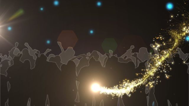 A crowd of silhouetted figures appears to be cheering under a night sky filled with glowing blue spots. The scene is animated by a trail of sparkling, golden light that adds a magical feel to the composition. This video is perfect for use in festive event promotions, music festival advertisements, or designs that require an energetic and celebratory ambiance.