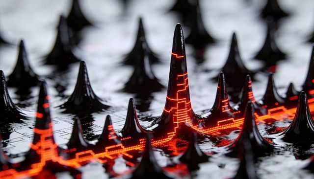 Futuristic neon circuitry topography with glossy conical spikes rising on reflective grid