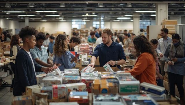 Community volunteers sorting donations in busy warehouse packing boxes for distribution