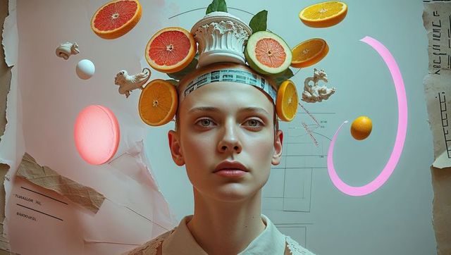 Surreal female portrait with citrus and architectural headpiece