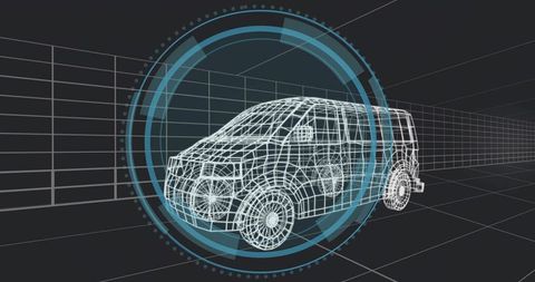 Rendering wireframe suv rotating in virtual cad workspace with futuristic hud rings and grid