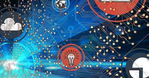 Abstract Circuit Board with Tech Icons on Digital Network Background - Download Free Stock Images Pikwizard.com