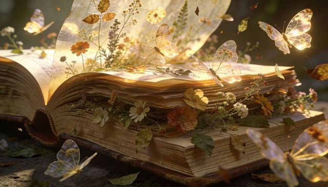 Antique book blooming with dried flowers and golden butterflies glowing in ethereal sunlight