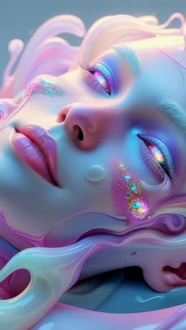 Ethereal Close-Up Vertical Video Blinking Face with Pastel Hair and Jewel Tears, Luminescent Glam