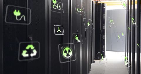 ecology symbols overlaying modern data center corridor - Download Free Stock Images Pikwizard.com