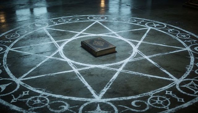 Antique grimoire resting inside chalk-drawn occult circle on worn stone floor