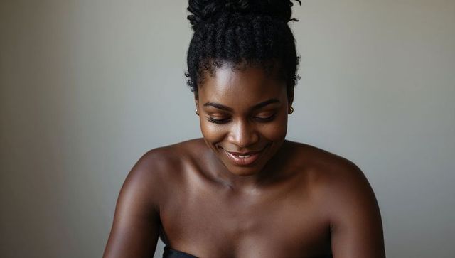 Smiling woman with bun gazing down in strapless black top natural hair beauty headshot