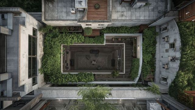 Aerial showing sunken courtyard with recessed seating, wood decking and green planters