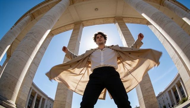 Posing under neoclassical columns wearing trench coat, backlit by sun halo