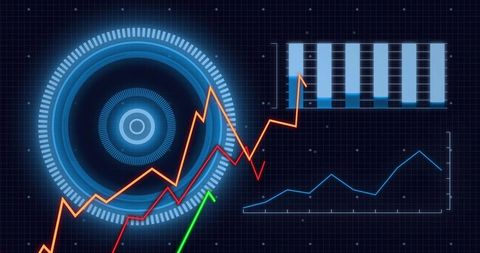 Futuristic hud dashboard with neon data visualizations and glowing line charts