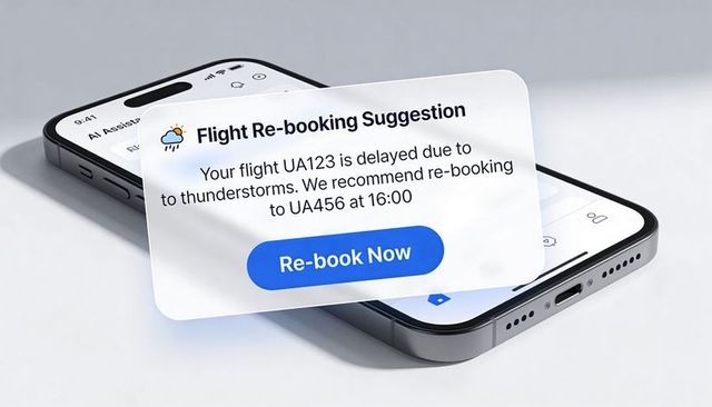 Flight Rebooking Notification on Smartphone Prompting Re-book Now for Delayed UA123
