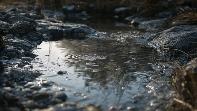 Shallow creek pool reflecting ripples and bubbles on mossy rocks at golden hour