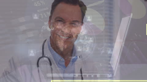 Caucasian Male Doctor Amidst Digital Analytics Overlay