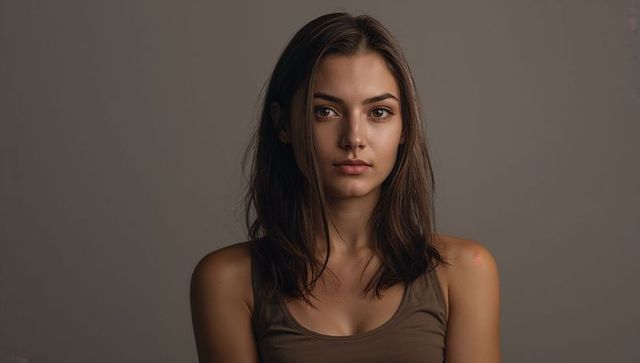 Young woman facing camera with calm direct gaze wearing brown tank top intimate soft studio portrait