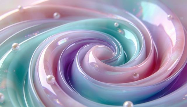 Shimmering pastel spiral swirling glossy iridescent ribbons with pearl beads and glitter