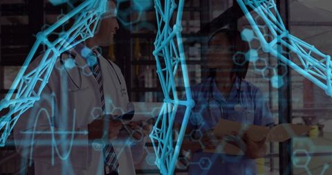 Doctor and nurse consulting with dna helix overlay highlighting clinical collaboration