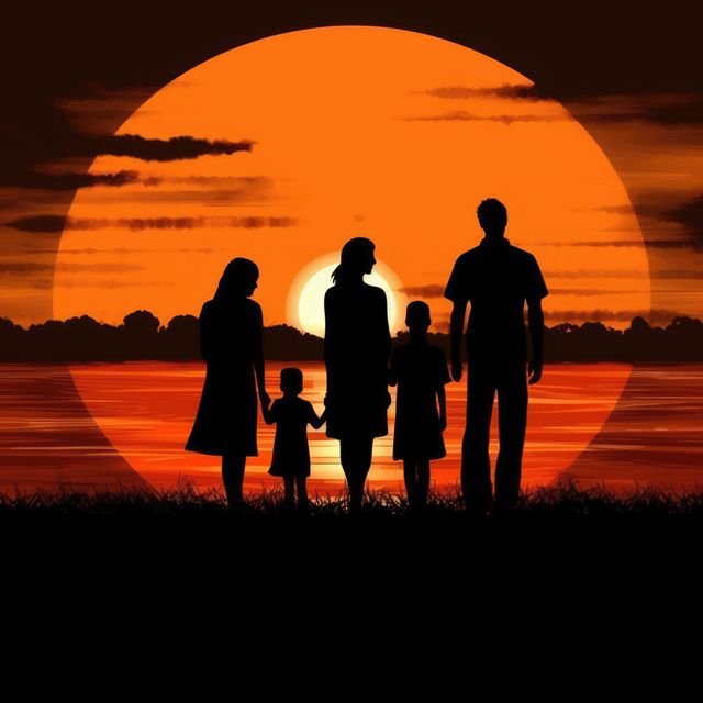 Silhouette of couple with three daughters at sunset, created using generative ai technology. Sunset family silhouette and nature concept digitally generated image.