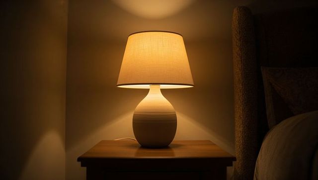 Casting warm light from ceramic table lamp illuminating cozy bedroom nightstand