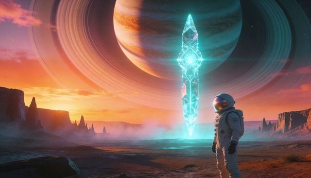 Astronaut exploring luminous crystal obelisk beneath giant ringed planet at sunset
