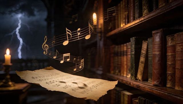 Floating Musical Manuscript Releasing Glowing Notes in Candlelit Antique Library with Storm