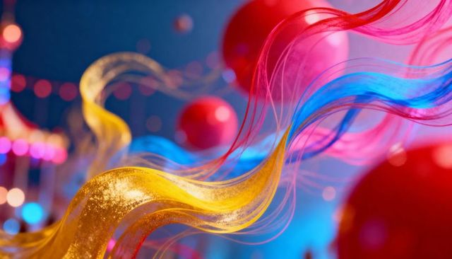 Flowing translucent ribbons weaving through glitter gold swirls and vibrant bokeh