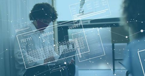 Clinician Reviewing Telehealth Data on Tablet with Holographic Dashboards and Analytics