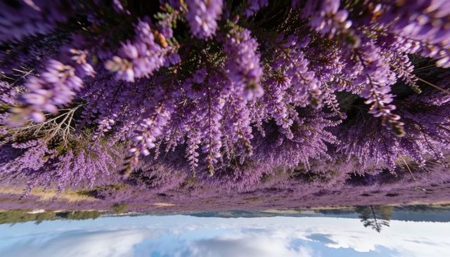 Vivid upside-down heather curtain drooping over lavender moorland and cloud-lined horizon