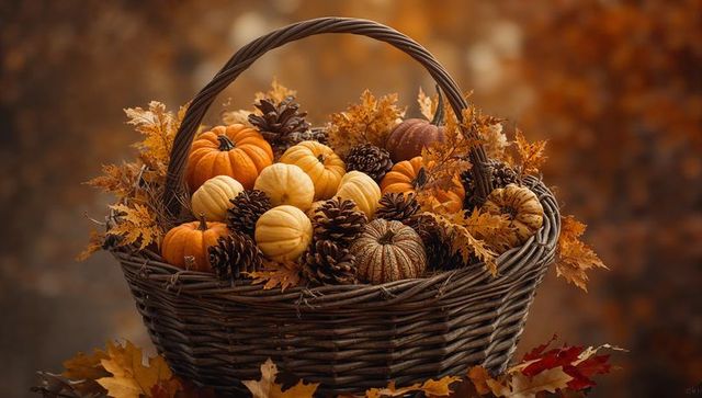 Autumn Basket of Mini Pumpkins and Pine Cones