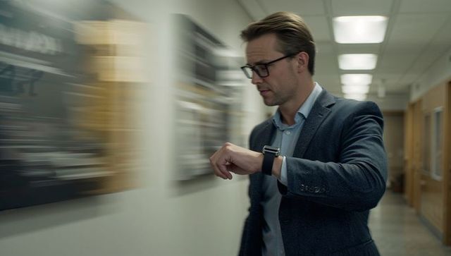 Businessman walking down office corridor checking smartwatch for time management