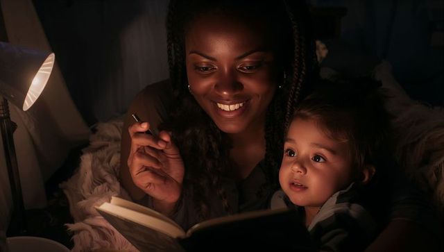 Smiling woman reading bedtime story to child by lamp, cozy nighttime bonding ritual