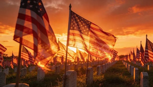 Rippling american flags glowing over military cemetery at golden hour, backlit memorial rows