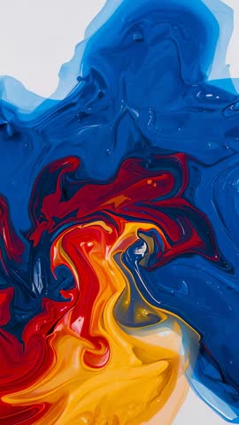 Pouring Paint Vertical Video: Deep Blue Crimson Yellow Flowing and Mixing in Vivid Swirls
