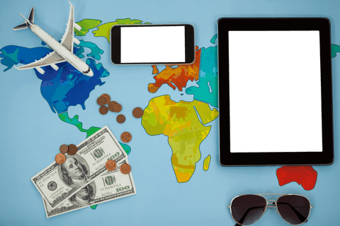 Transparent Devices and Travel Symbols on Colorful Map - Download Free Stock Videos Pikwizard.com