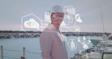 Man on Marina with Augmented Reality Interface Display