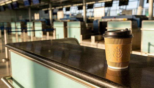 Sitting disposable coffee cup on airport counter in warm morning light with reflection