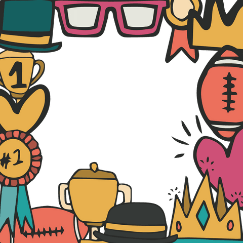 Colorful frame with award and accessory icons on transparent background